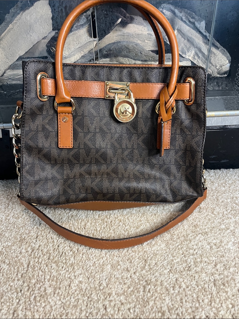 Michael Kors Brown Signature MK Monogram Satchel with Tan Trim